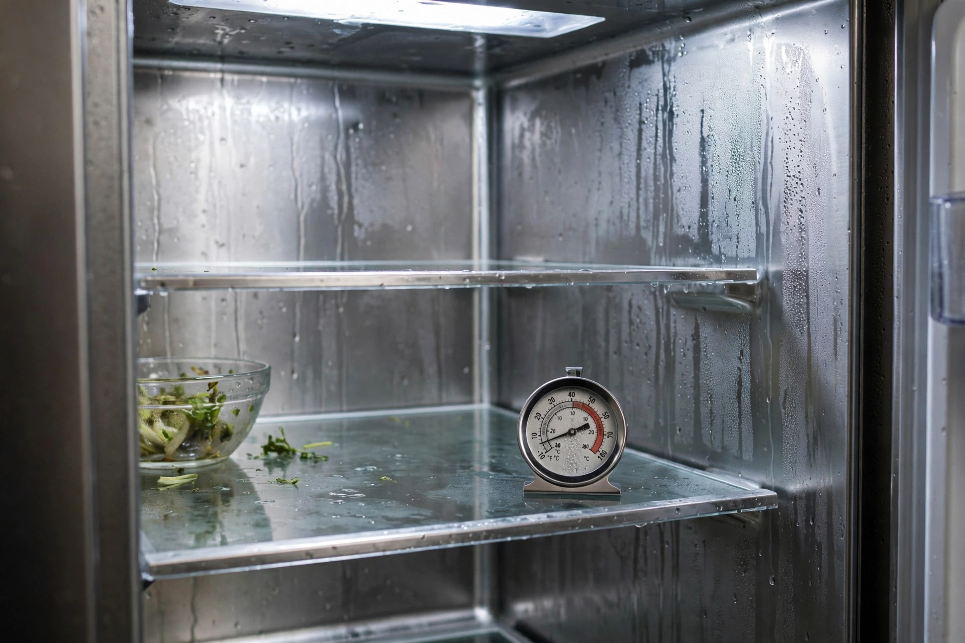 Open refrigerator interior with shelves