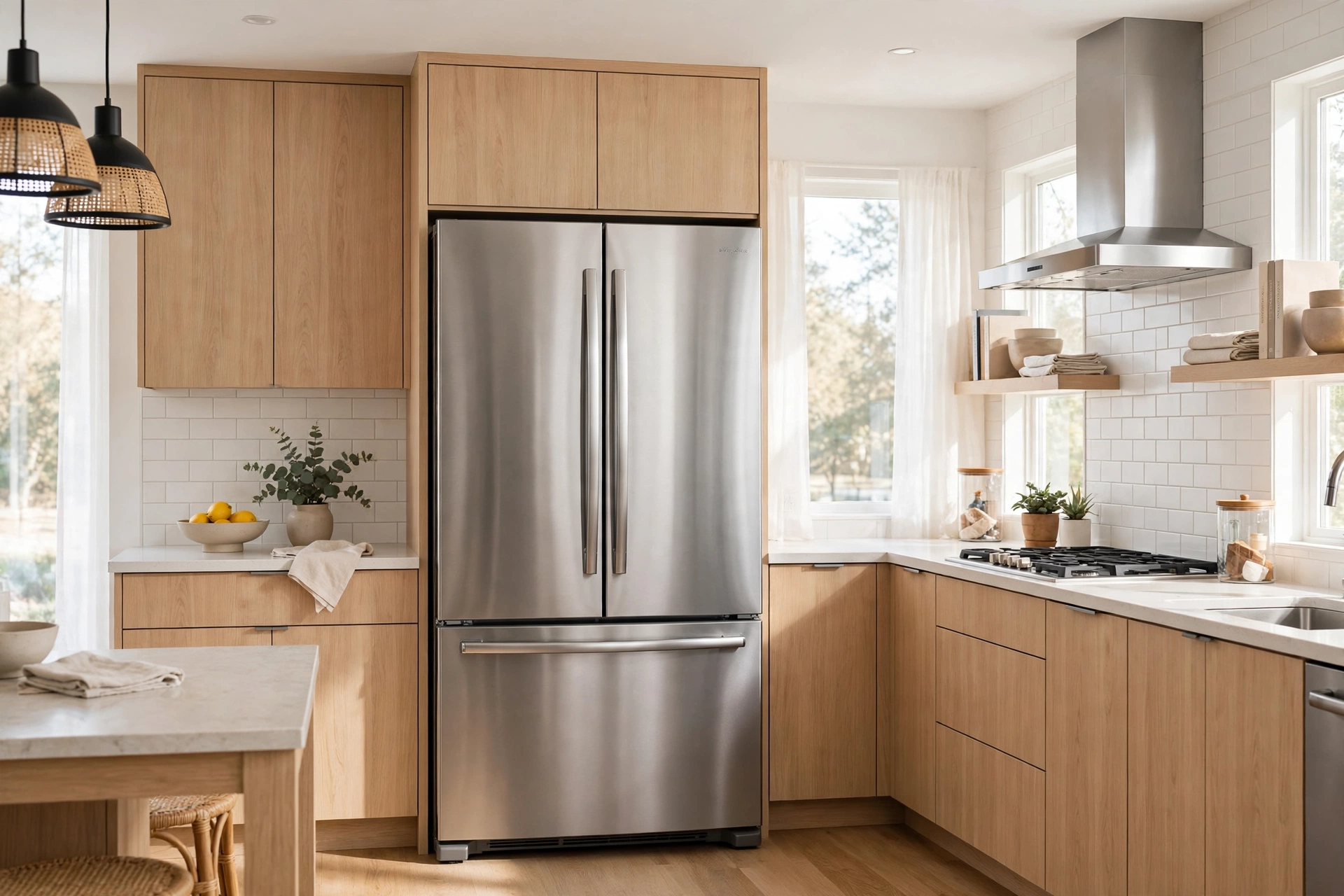 Stainless steel French-door refrigerator in a modern kitchen