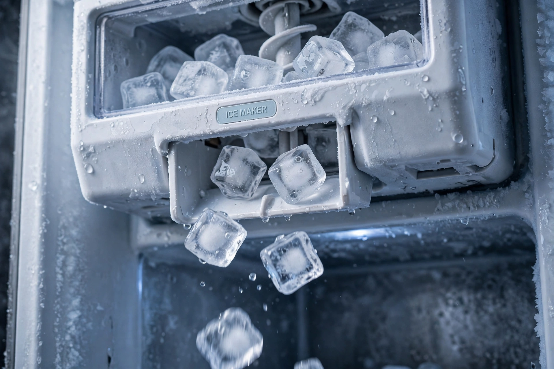 Refrigerator ice maker closeup